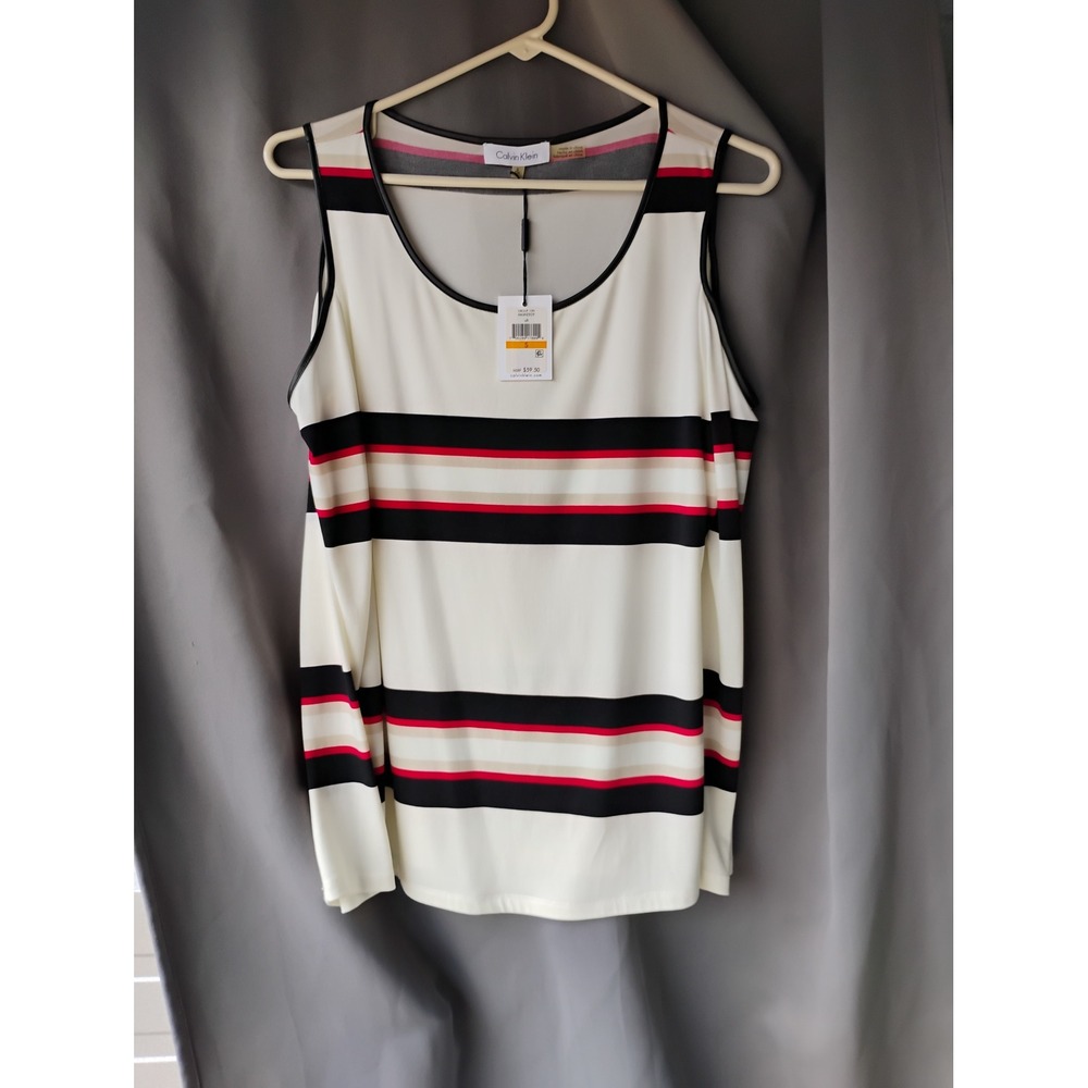 Calvin Klein Womens Cold Shoulder Striped Blouse White Black Red M6JHZ829 S